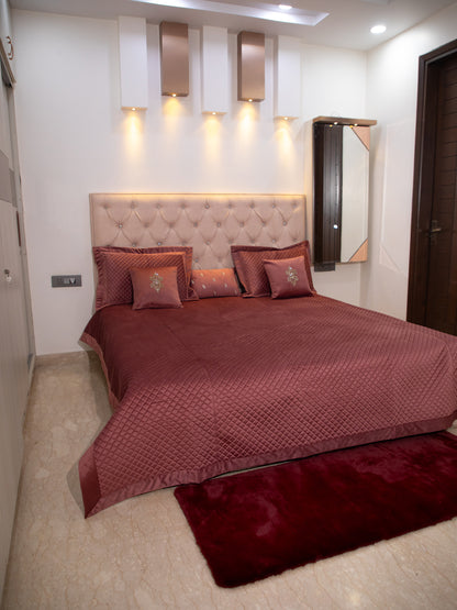 Maroon Quilted Embroidered Velvet Double Bedcover With 2 Pillow Covers and 2 Cushion Covers, 1 Highlighter