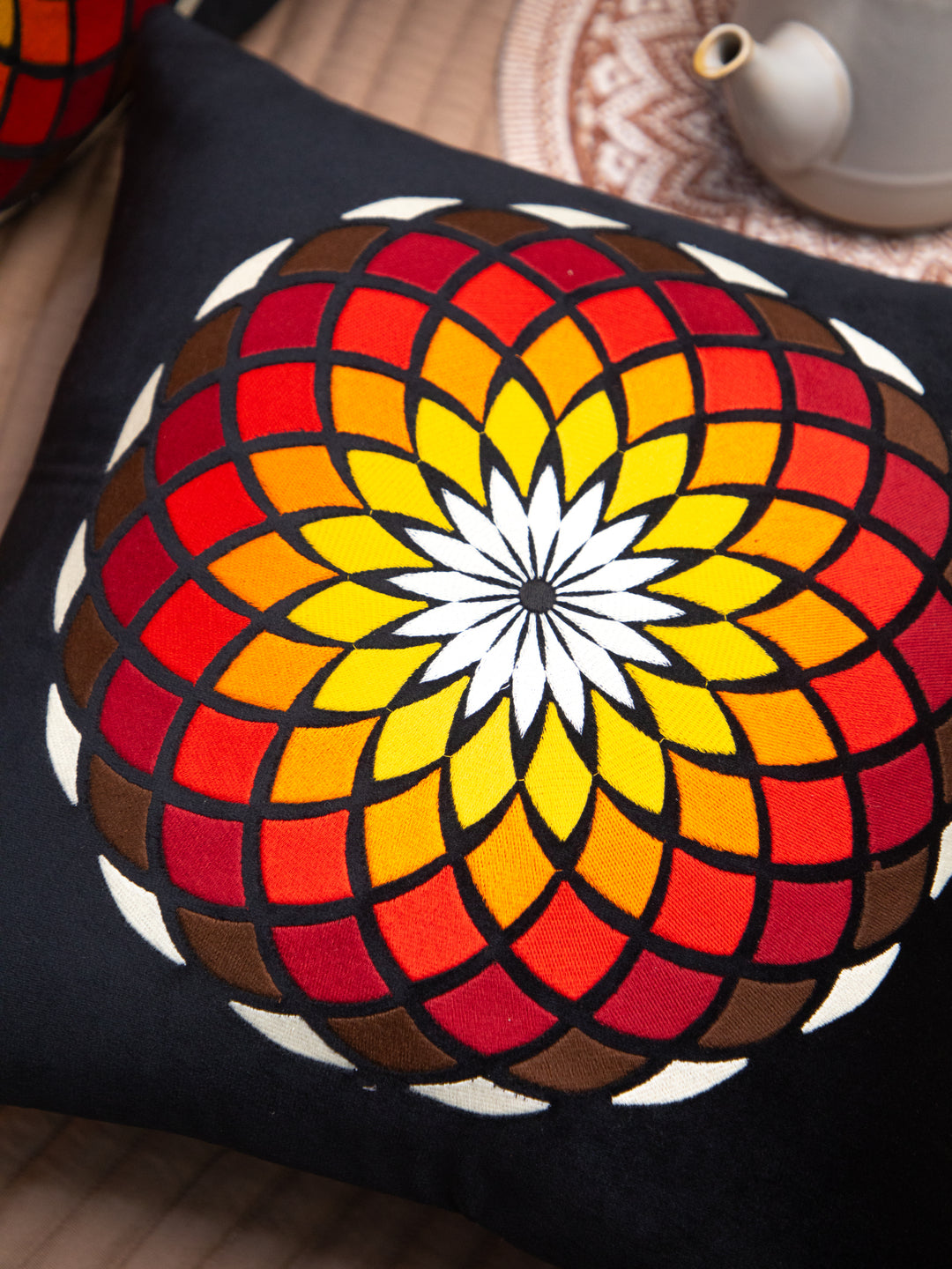 Black Velvet And Multicolor Flower Embroidery Square Cushion Cover