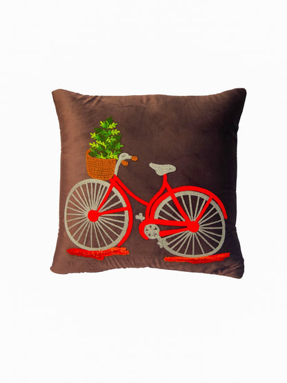 Dark Brown Velvet And Multi Color Embroidery &nbsp;Printed Square Cushion Cover