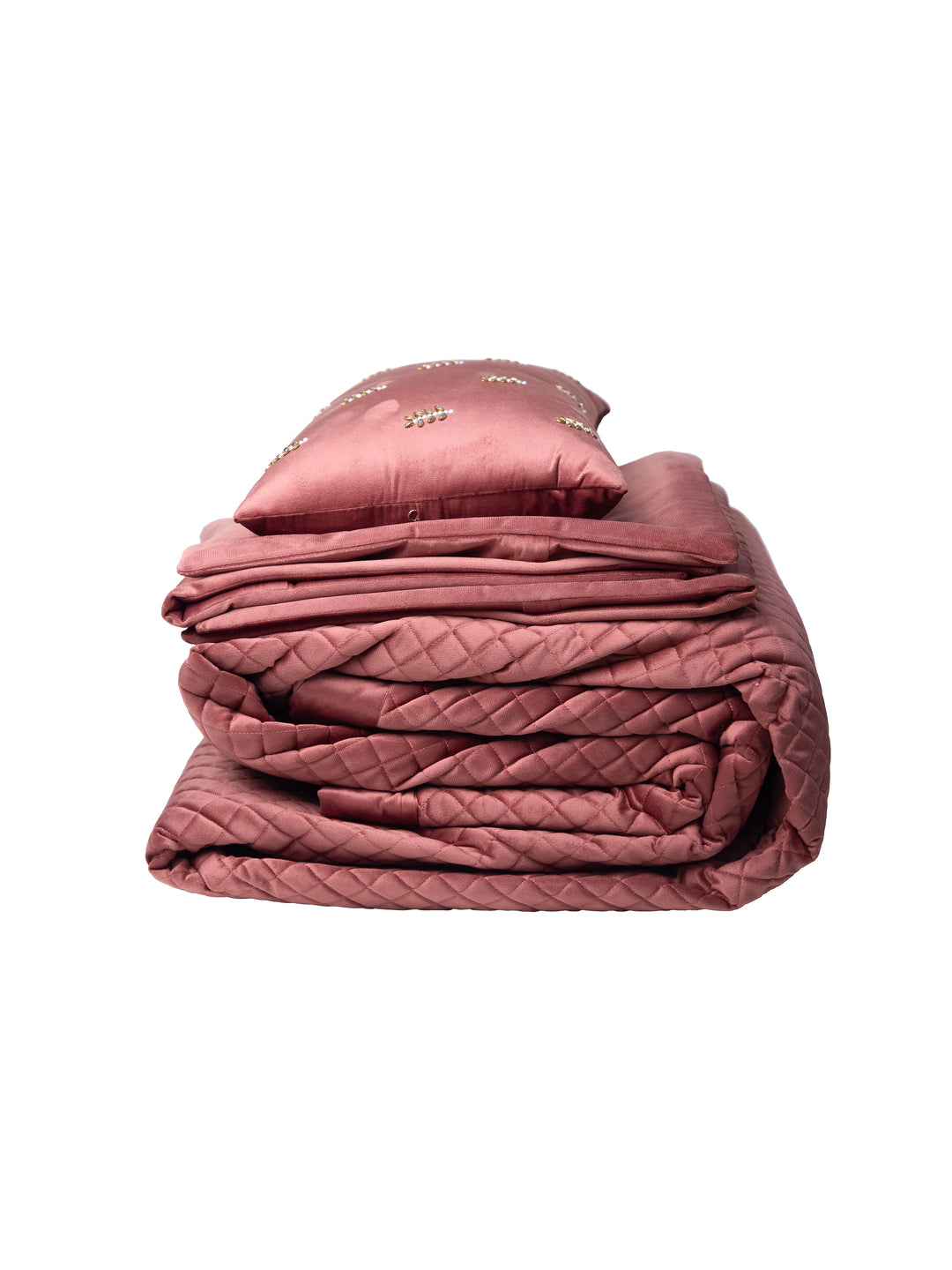 Maroon Quilted Embroidered Velvet Double Bedcover With 2 Pillow Covers and 2 Cushion Covers, 1 Highlighter