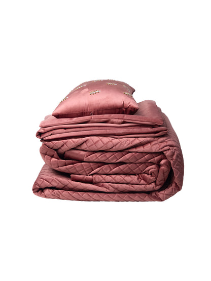 Maroon Quilted Embroidered Velvet Double Bedcover With 2 Pillow Covers and 2 Cushion Covers, 1 Highlighter