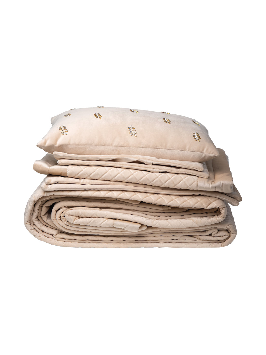 Beige Quilted Velvet Double Bedcover With 2 Pillow Covers and 2 Cushion Covers, 1 Highlighter