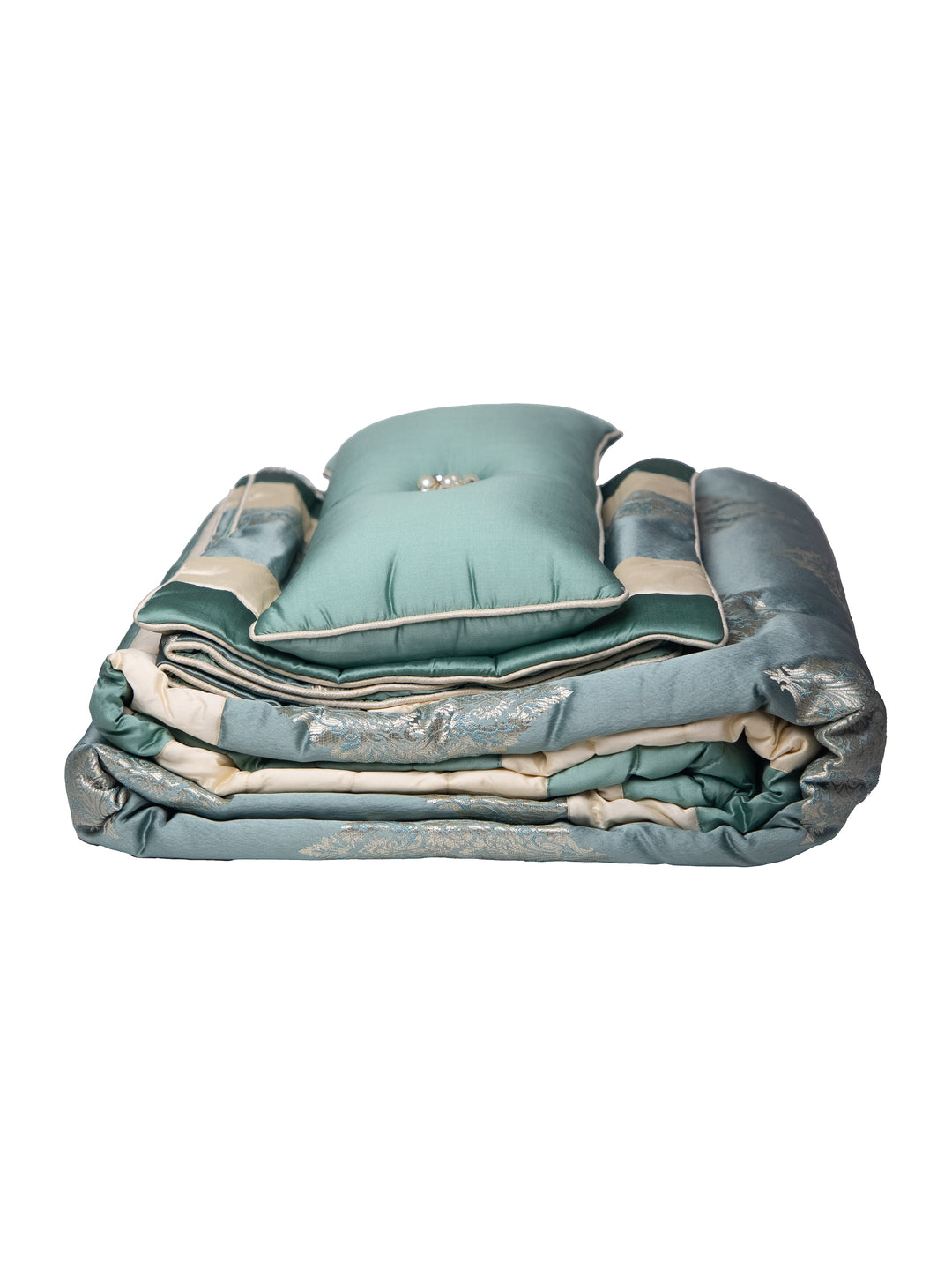 Teal Embossed Cotton Double Bedcover With 2 Pillow Covers and 2 Cushion Covers, 1 Highlighter