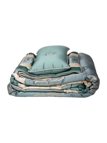 Teal Embossed Cotton Double Bedcover With 2 Pillow Covers and 2 Cushion Covers, 1 Highlighter