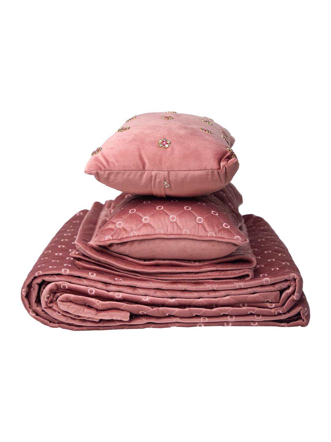 Rust Quilted Embroidered Velvet Double Bedcover With 2 Pillow Covers and 2 Cushion Covers, 1 Highlighter