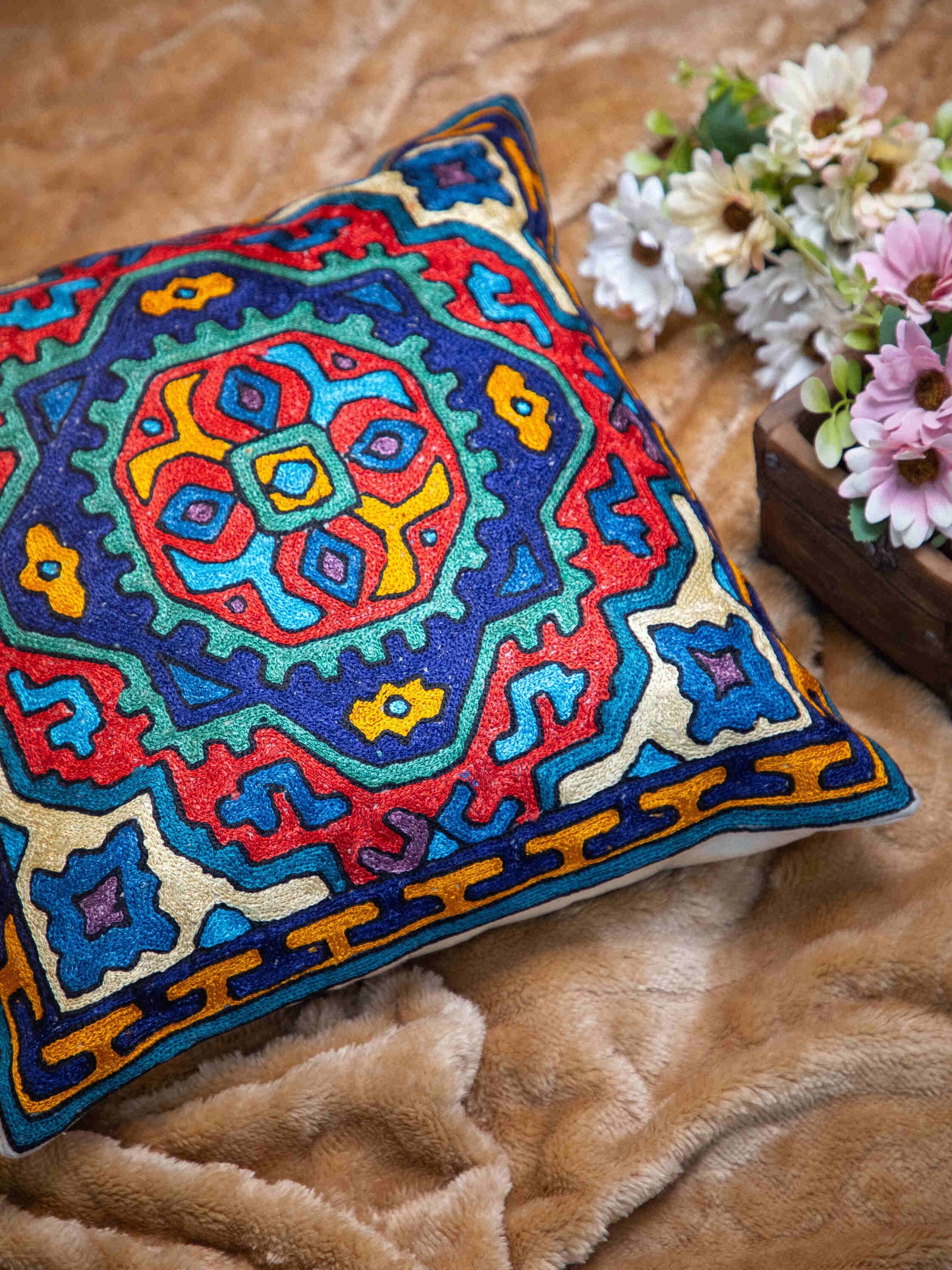 Kashmiri Hand Embroidered Multi Cotton Cushion Cover