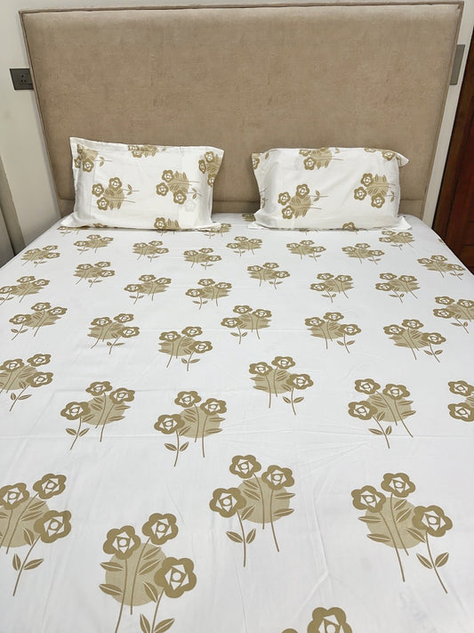 Tan Floral White Base 100% Cotton Bedsheet With Pillow Covers