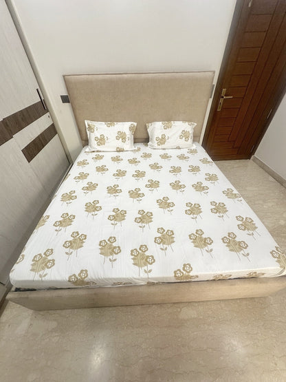 Tan Floral White Base 100% Cotton Bedsheet With Pillow Covers