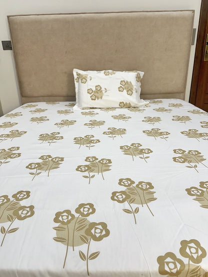 Tan Floral White Base 100% Cotton Bedsheet With Pillow Covers