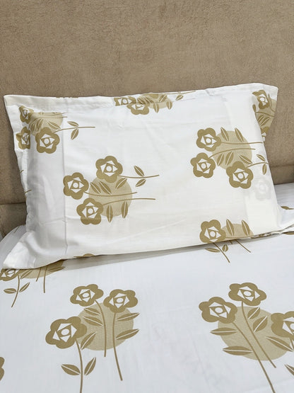 Tan Floral White Base 100% Cotton Bedsheet With Pillow Covers