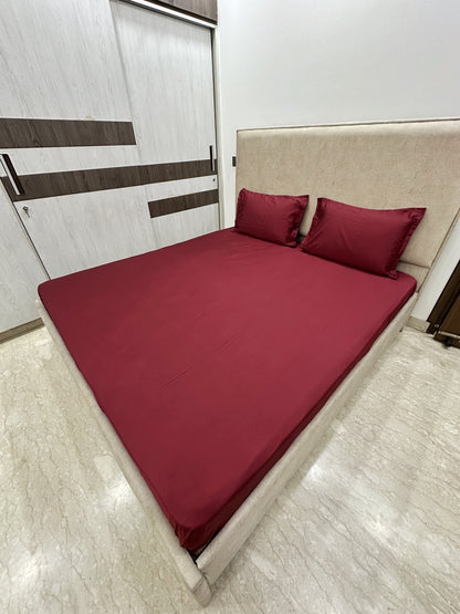 Maroon Solid 100% Cotton Bedsheet With Pillow Covers