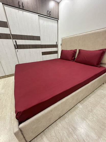 Maroon Solid 100% Cotton Bedsheet With Pillow Covers