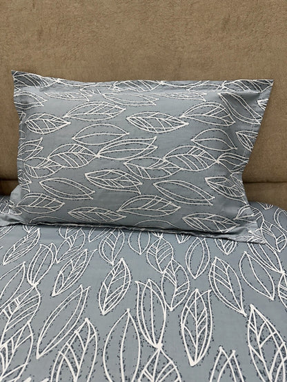 Grey Base Leaf Print 100% Cotton Bedsheet With Pillow Covers