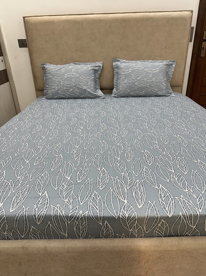 Grey Base Leaf Print 100% Cotton Bedsheet With Pillow Covers