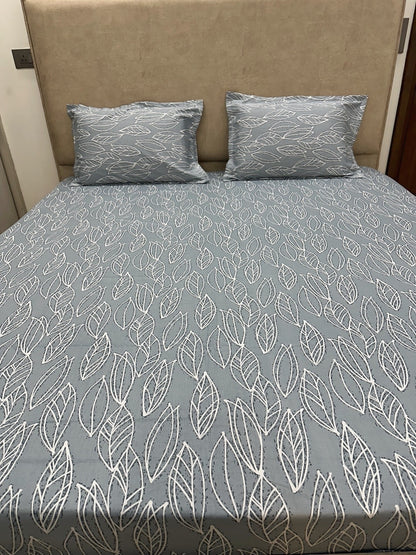 Grey Base Leaf Print 100% Cotton Bedsheet With Pillow Covers