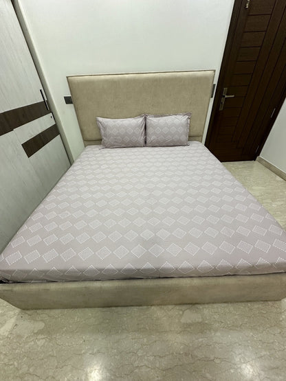 Grey Base 100% Cotton Bedsheet With Pillow Covers &amp; Geometric Pattern