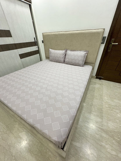 Grey Base 100% Cotton Bedsheet With Pillow Covers &amp; Geometric Pattern
