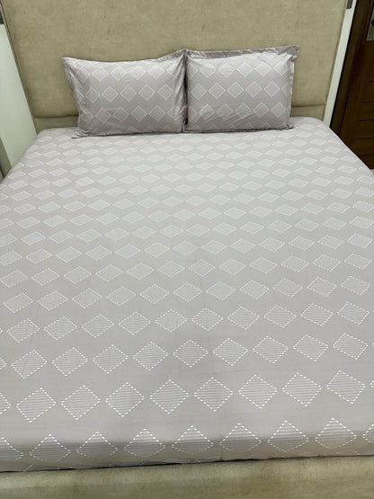 Grey Base 100% Cotton Bedsheet With Pillow Covers &amp; Geometric Pattern