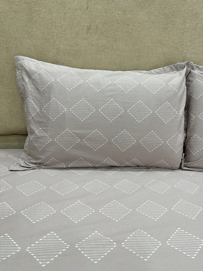 Grey Base 100% Cotton Bedsheet With Pillow Covers &amp; Geometric Pattern