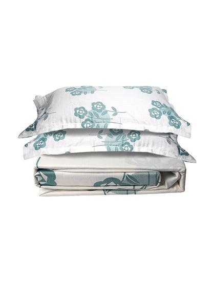 Blue Floral White Base 100% Cotton King Bedsheet With Pillow Covers