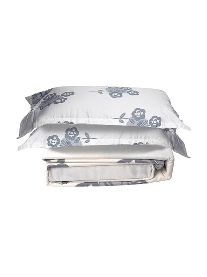 Gray Floral White Base 100% Cotton King Bedsheet With Pillow Covers