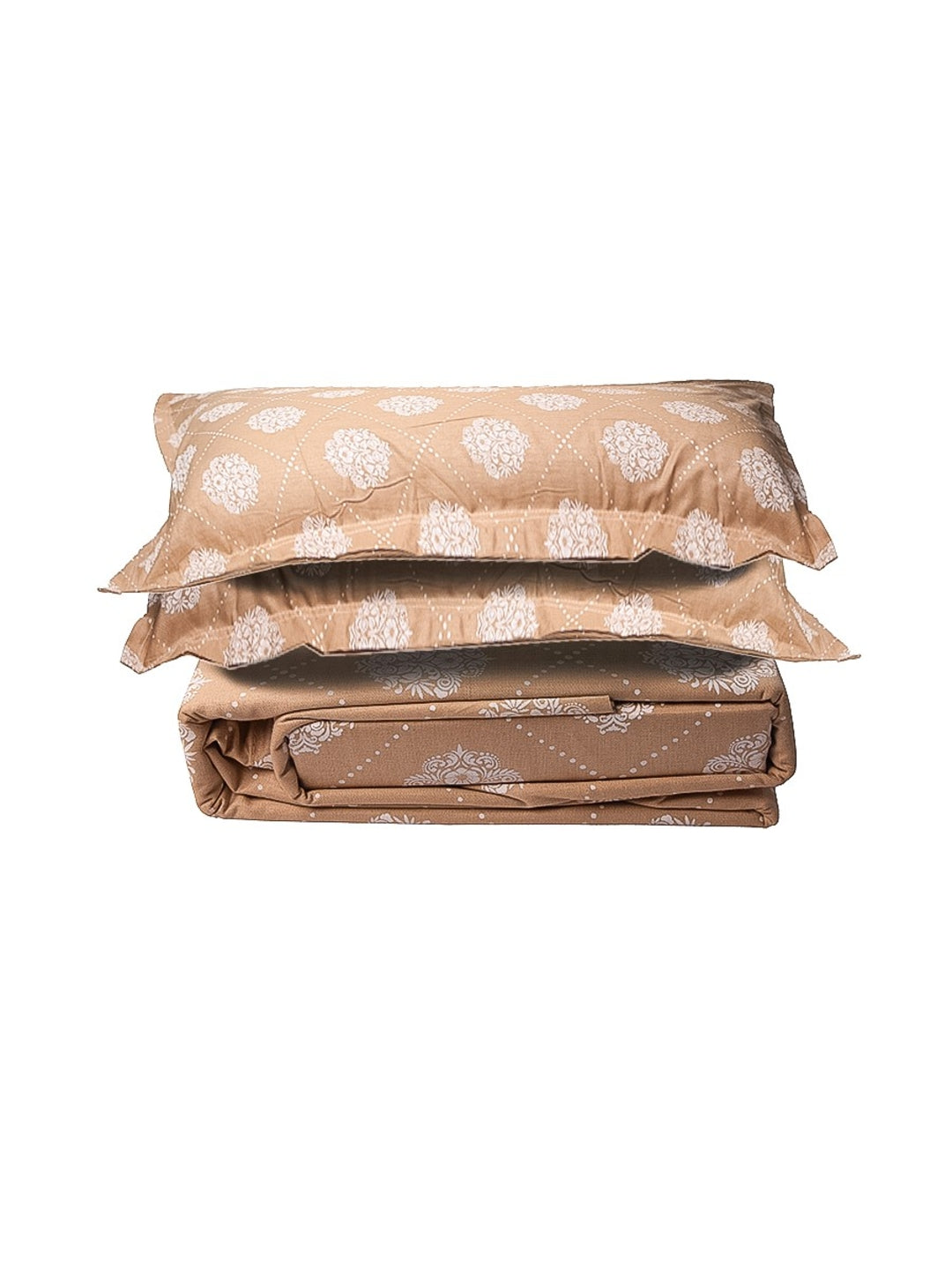 Tan Base White Motif Print 100% Cotton King Bedsheet With Pillow Covers