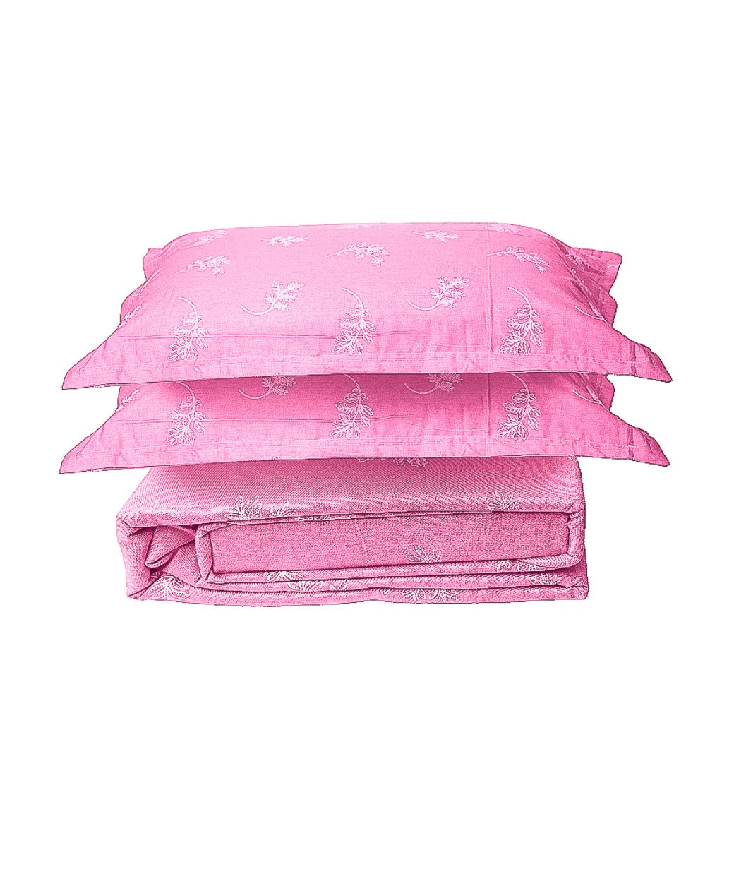 Candy Pink Leaf Print 100% Cotton King Bedsheet With Covers