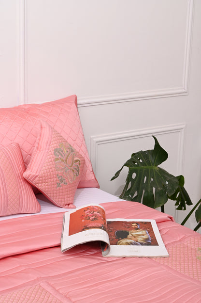 Embroided Cotton Pink Color King Size Bedsheet for Double Bed with Two Pillow Covers