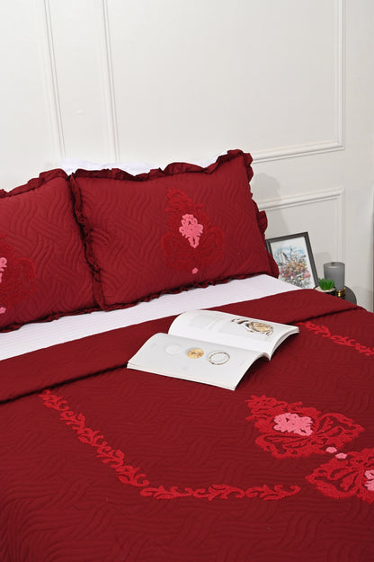 Embroidered Cotton Marron Color King Size Bedsheet for Double Bed with Two Pillow Covers
