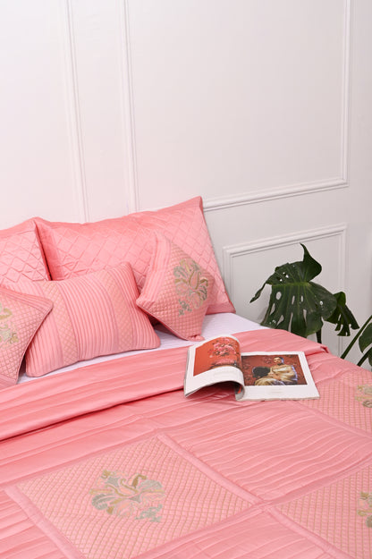 Embroided Cotton Pink Color King Size Bedsheet for Double Bed with Two Pillow Covers